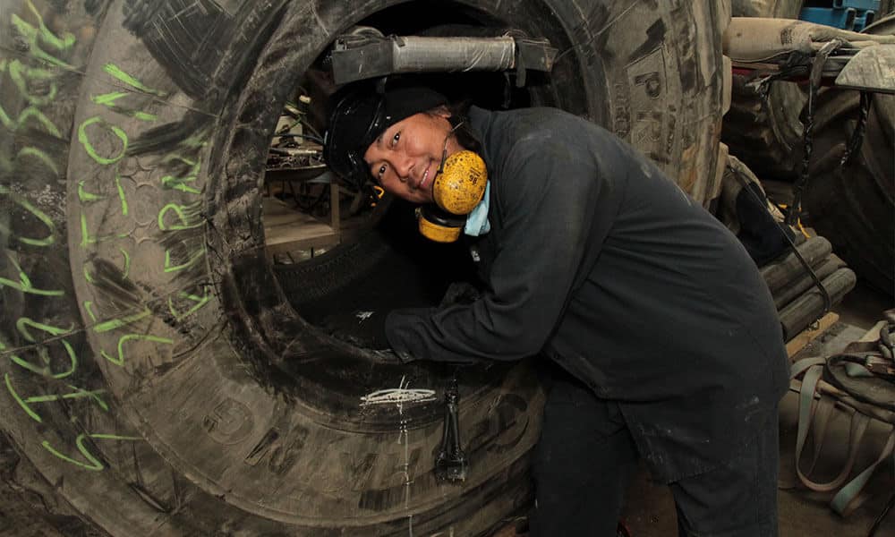 Man repairing tire